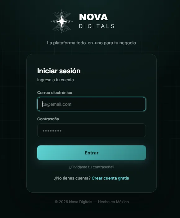 Pantalla de registro e inicio de sesión de Nova ONE